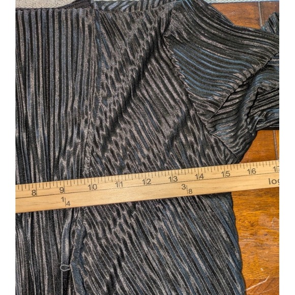 Lush Maxi Dress Small Black Pleated‎ Short Sleeve Tie Front Ribbed Shiny Lined - Picture 5 of 6